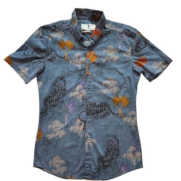 FATHER SON Slim Stretch Blue Tiger Print Short Sleeve Size Medium - Picture 1 of 16